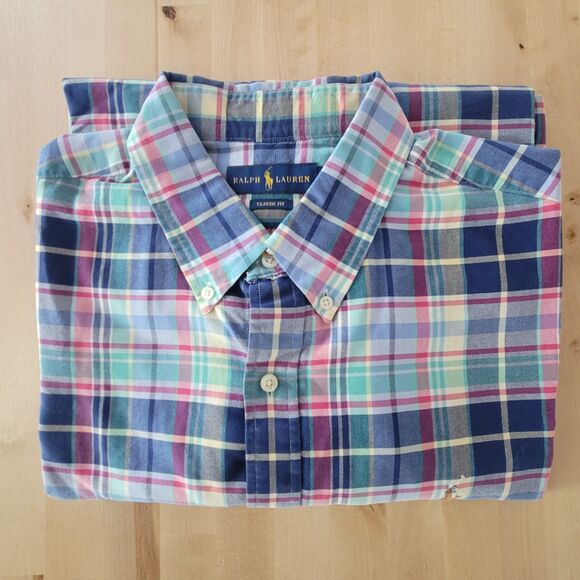 Ralph Lauren Classic Fit Button Down Dress Shirt XL Plaid Red Blue Flesh Pony - Picture 2 of 12